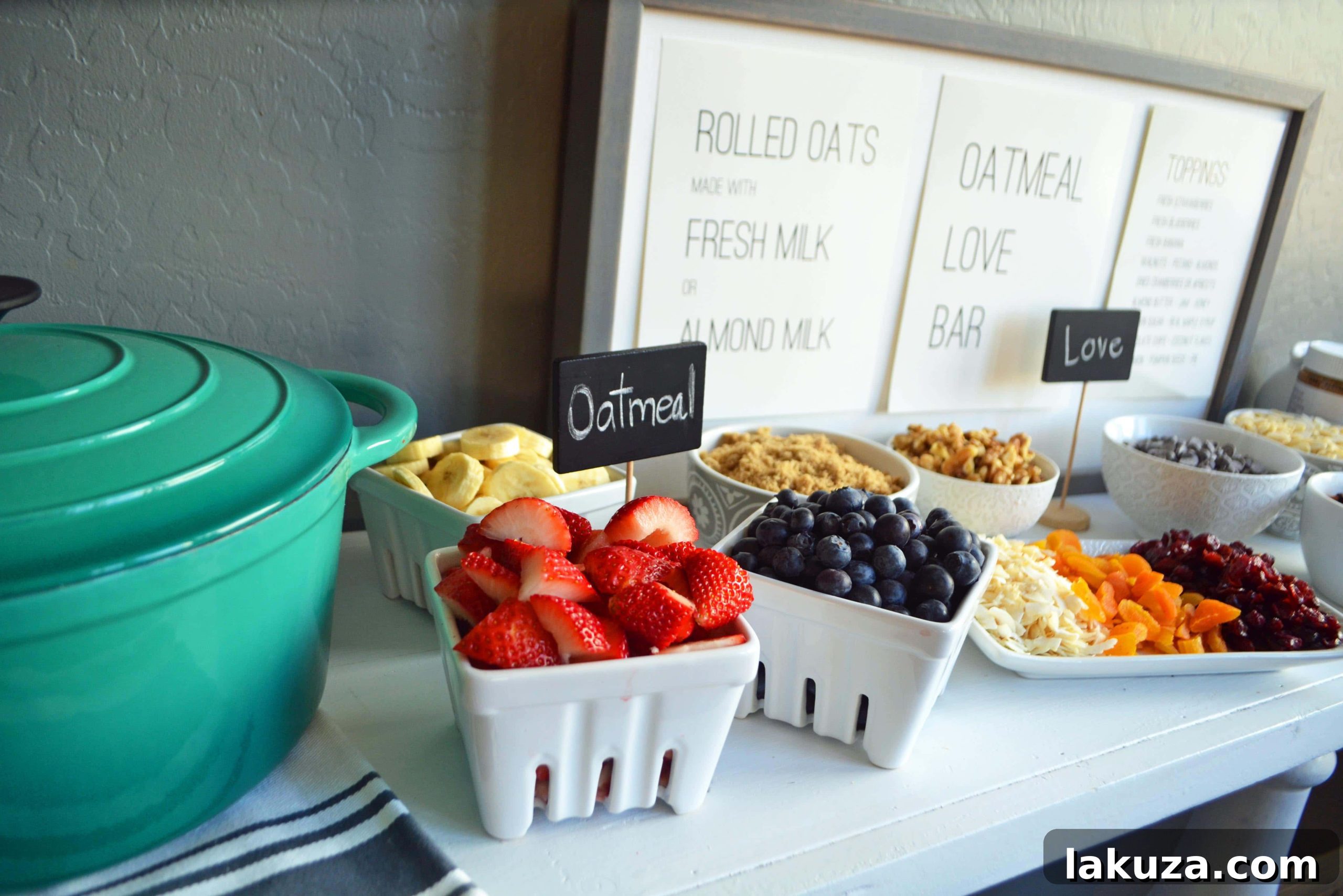 Craft Your Oat Creation 6 An inviting breakfast spread with a large pot of oatmeal surrounded by an assortment of colorful toppings in various bowls.