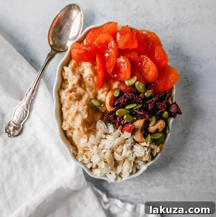 Craft Your Oat Creation 8 Trail mix oatmeal with apricots, cranberries, coconut, almonds, pumpkin seeds, and honey, a nutritious and hearty combination.