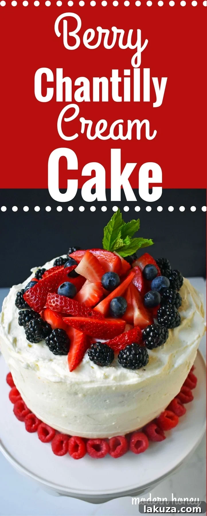 Berry Chantilly Cake 25 A beautifully sliced piece of Berry Chantilly Cream Cake, revealing all the delectable layers of yellow cake, frosting, and mixed berries.