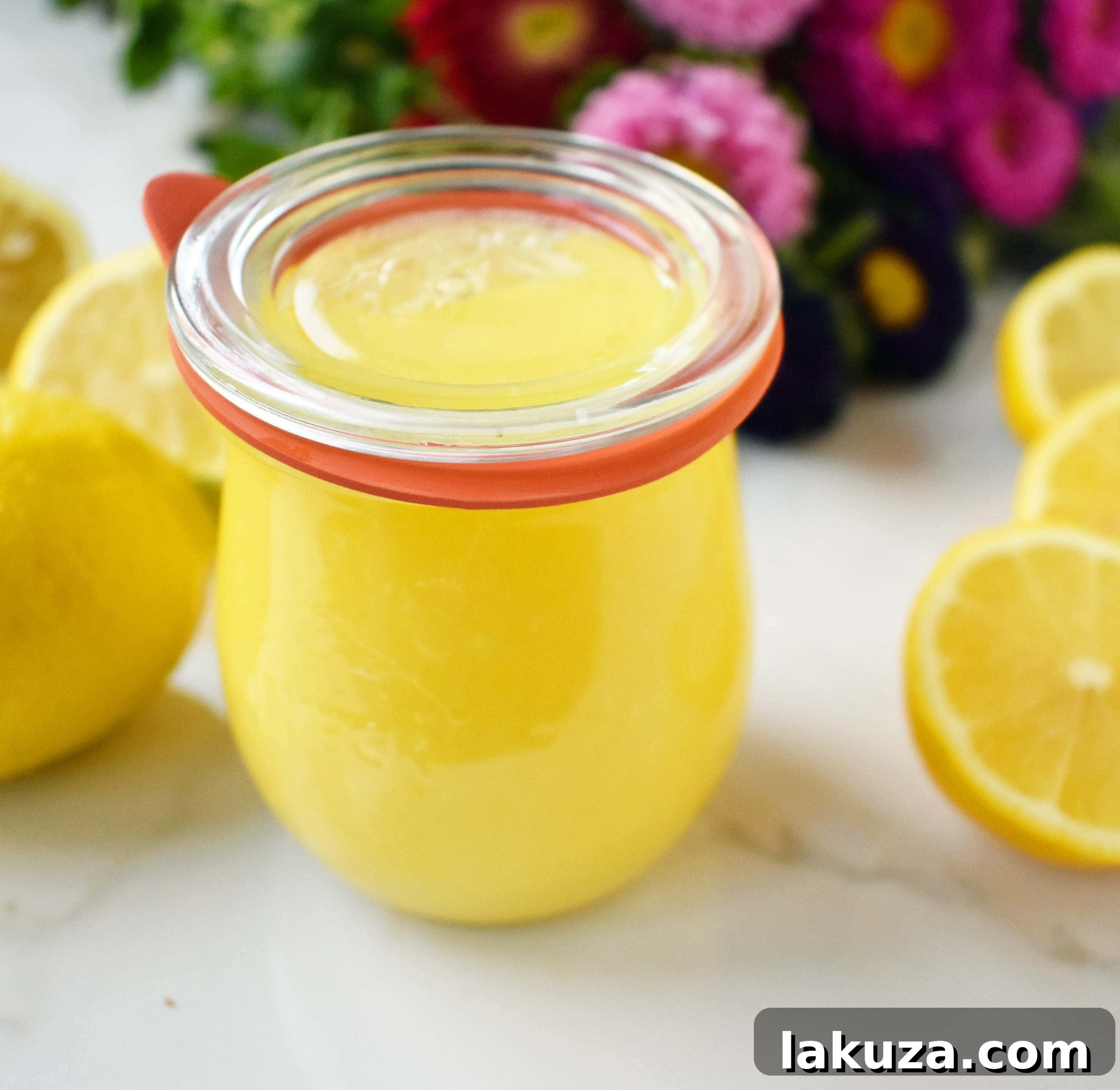 Sunshine Lemon Parfait Jars 5 Close-up of a Lemon Cream Parfait Pie Jar, showcasing the distinct layers of cookie crust, tangy lemon curd, and airy cream cheese topping, garnished with fresh mint.
