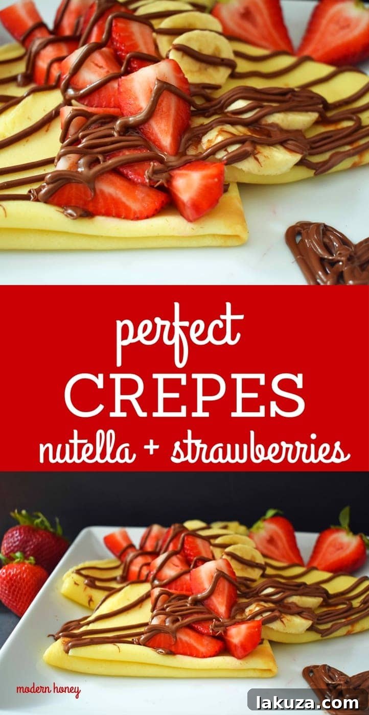 A stunning spread of perfect homemade crepes with various toppings, including strawberries, Nutella, and powdered sugar, arranged beautifully on a serving platter. Modern Honey.
