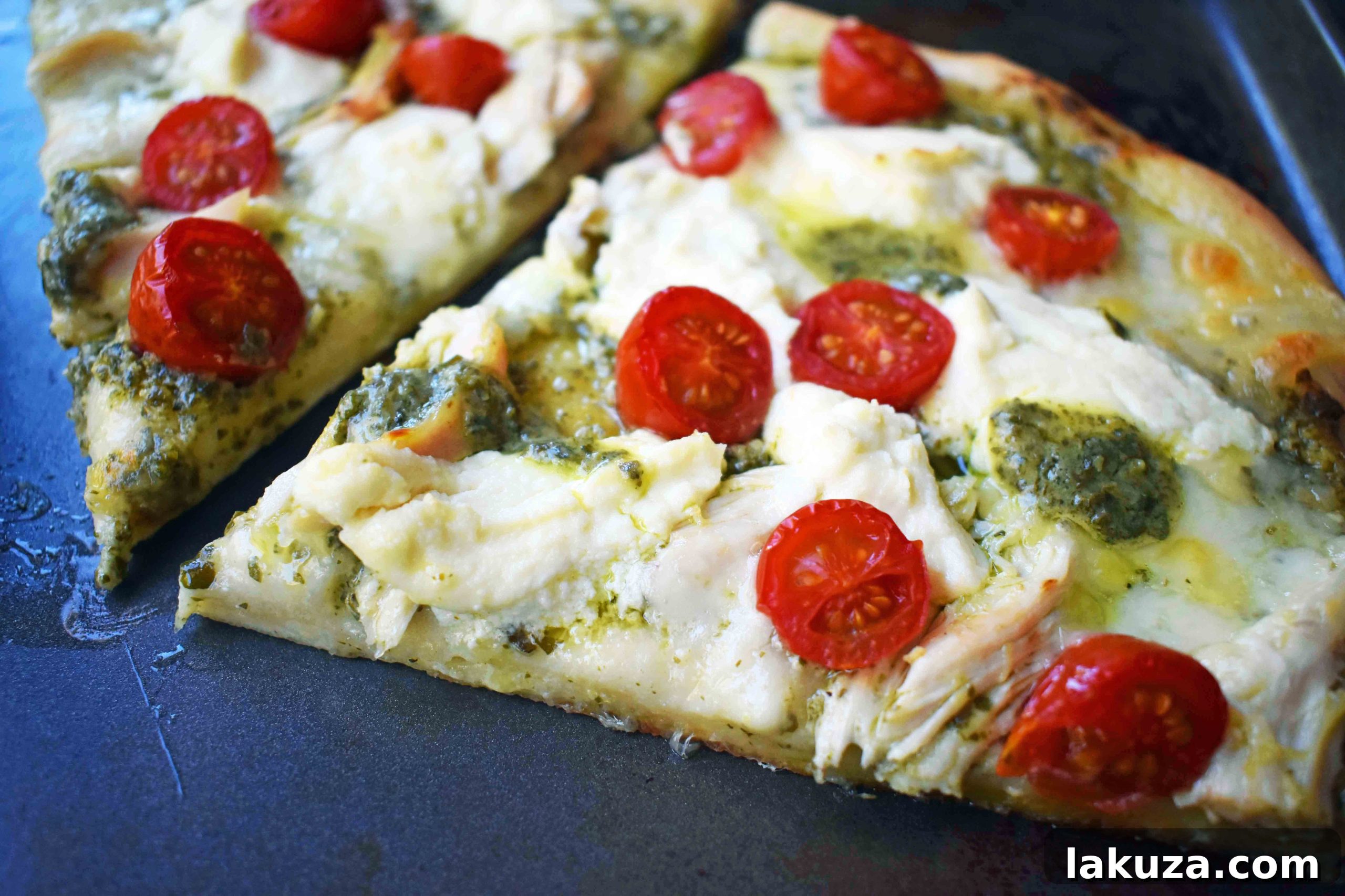 Delicious 5-Ingredient Chicken Pesto Pizza, a quick and easy weeknight meal.