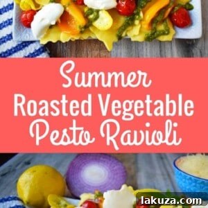Summer Roasted Vegetable Pesto Ravioli by Modern Honey. This light and fresh summer pasta dish is made with fresh ravioli, tender roasted vegetables, basil pesto sauce, and a touch of mascarpone cheese. A vibrant and healthy pasta dish. www.modernhoney.com