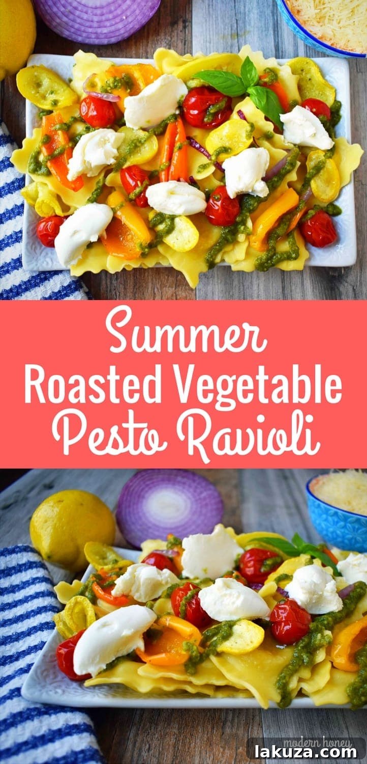 Final plated Summer Roasted Vegetable Pesto Ravioli - A beautifully arranged serving of pasta with roasted vegetables, pesto, and fresh basil, ready to be enjoyed.