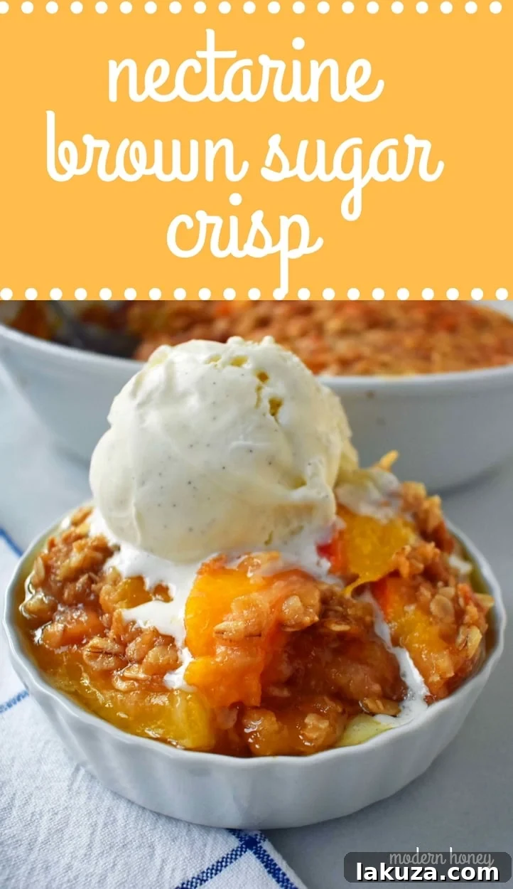 Golden Nectarine Crumble 9 Nectarine Brown Sugar Crisp. Sweet ripe nectarines topped with a brown sugar oat crumble. A buttery brown sugar topping on top of sweet nectarines. Peach Brown Sugar Crisp. www.modernhoney.com