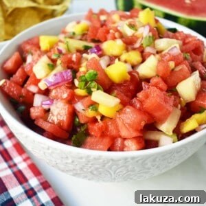 Watermelon Mango Salsa: A refreshing blend of sweet watermelon, ripe mango, crisp cucumber, red onion, fresh cilantro, and a hint of spicy jalapeño. Perfect for summer gatherings.