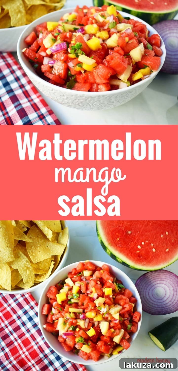 A smaller, focused shot of the Watermelon Mango Salsa in a bowl, showing the vibrant colors and fresh texture against a light background.
