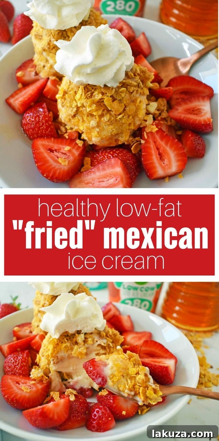 Lean Protein Freeze 7 Low-Fat Protein No-Fry Ice Cream: A low-calorie, healthy Mexican dessert. Unfried ice cream recipe for guilt-free enjoyment. Modern Honey.