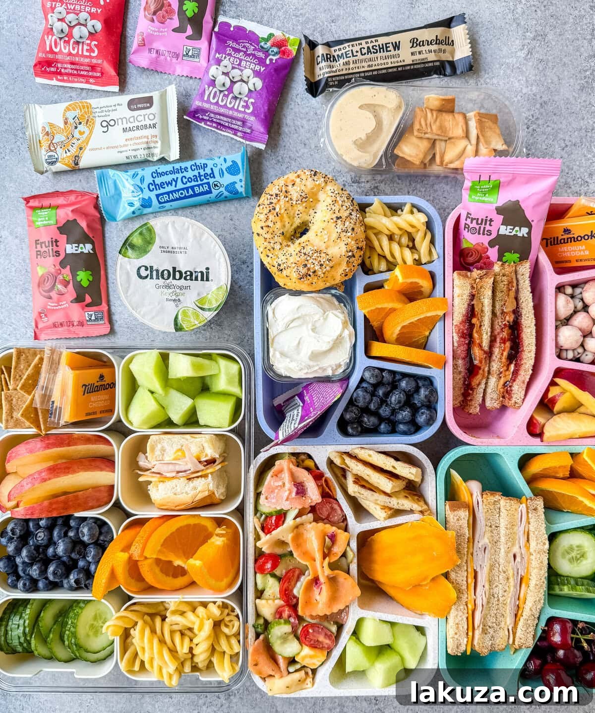 Kid-approved school lunch ideas with mix-and-match combinations, bento box tips, meal prep, and keeping food fresh. Featuring healthy cold lunch recipes, snack boxes, and sides.