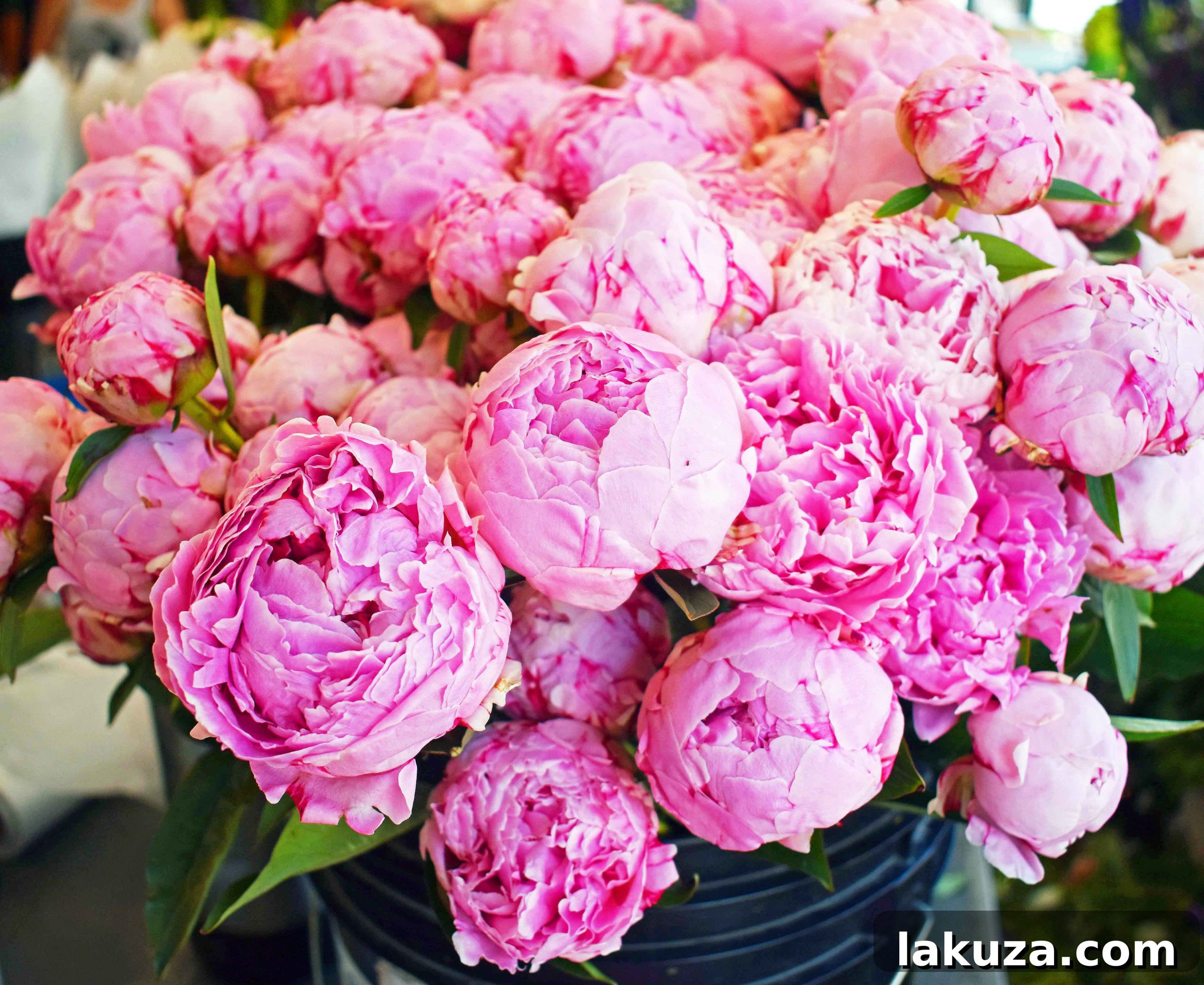 Pink peonies bloom at Pike Place Market, a must-see Seattle attraction. Explore the best places to eat and visit in Seattle, Washington.