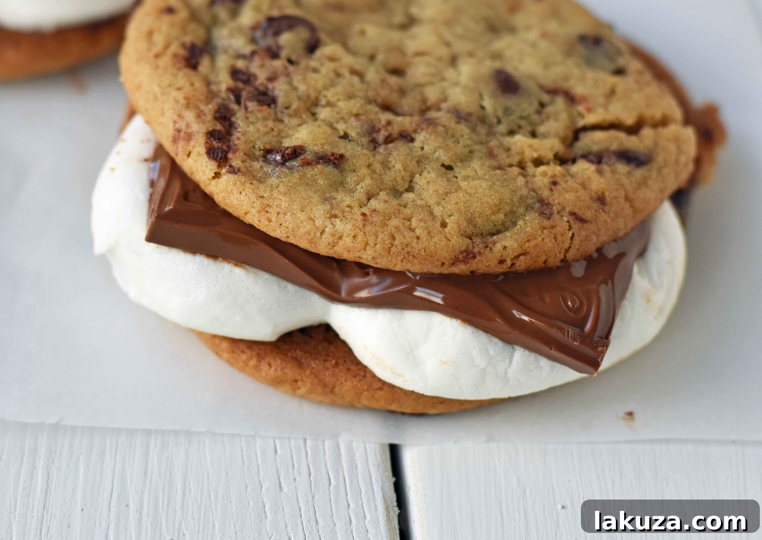 Ultimate S'mores Chocolate Chip Cookies 4 A close-up of a freshly assembled Chocolate Chip Cookie S'more, with a gooey, stretched marshmallow and melted chocolate oozing out from between two soft cookies.