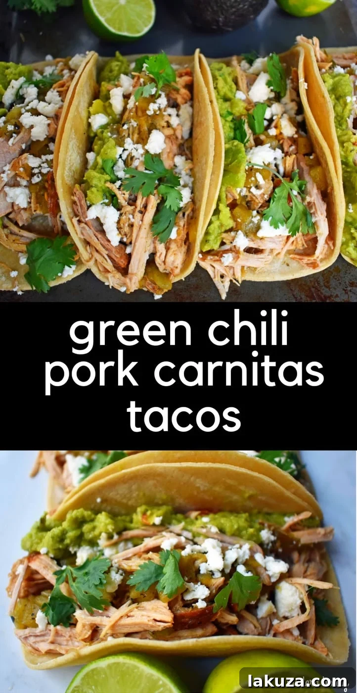 Overhead view of several Green Chili Pork Carnitas Tacos, perfectly arranged on a serving board, adorned with fresh toppings and ready to be savored.