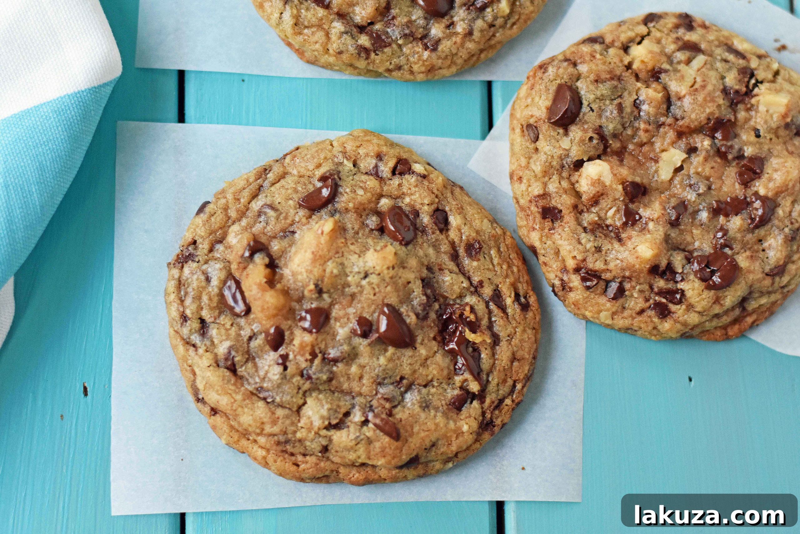 The perfect texture and flavor of Copycat Doubletree Hotel Chocolate Chip Cookies, featuring mini chocolate chips and walnuts.