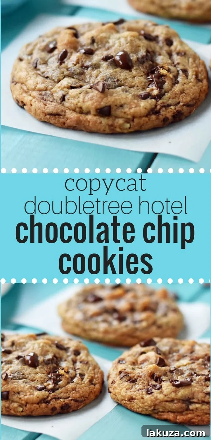 Save this Copycat Doubletree Hotel Chocolate Chip Cookies recipe to Pinterest! The perfect chocolate chip cookie with secret ingredients, recreating the famous Doubletree taste.