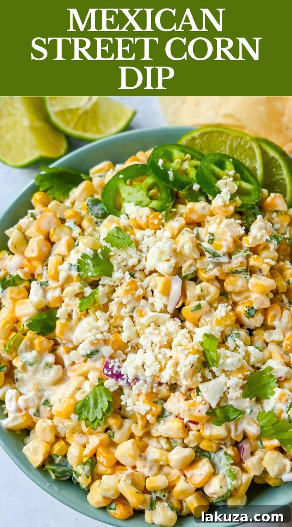 Creamy Elote Dip 7 Delicious Mexican Street Corn Dip, a creamy and flavorful corn salad featuring sweet roasted corn, red onion, cilantro, jalapeño, lime juice, Mexican spices, mayonnaise, and cotija cheese.