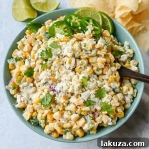 Inspired by Mexican street corn, this dip is made with sweet roasted corn and mixed with red onion, cilantro, jalapeño, lime juice, mexican spices, a touch of mayo, and cotija cheese.