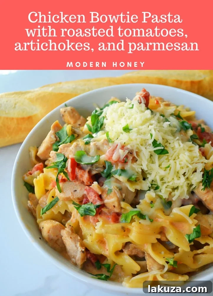Creamy Chicken Bowtie Pasta with Roasted Tomato Cream Sauce, Artichokes, and Parmesan. A delicious and family-friendly pasta recipe perfect for any night of the week.