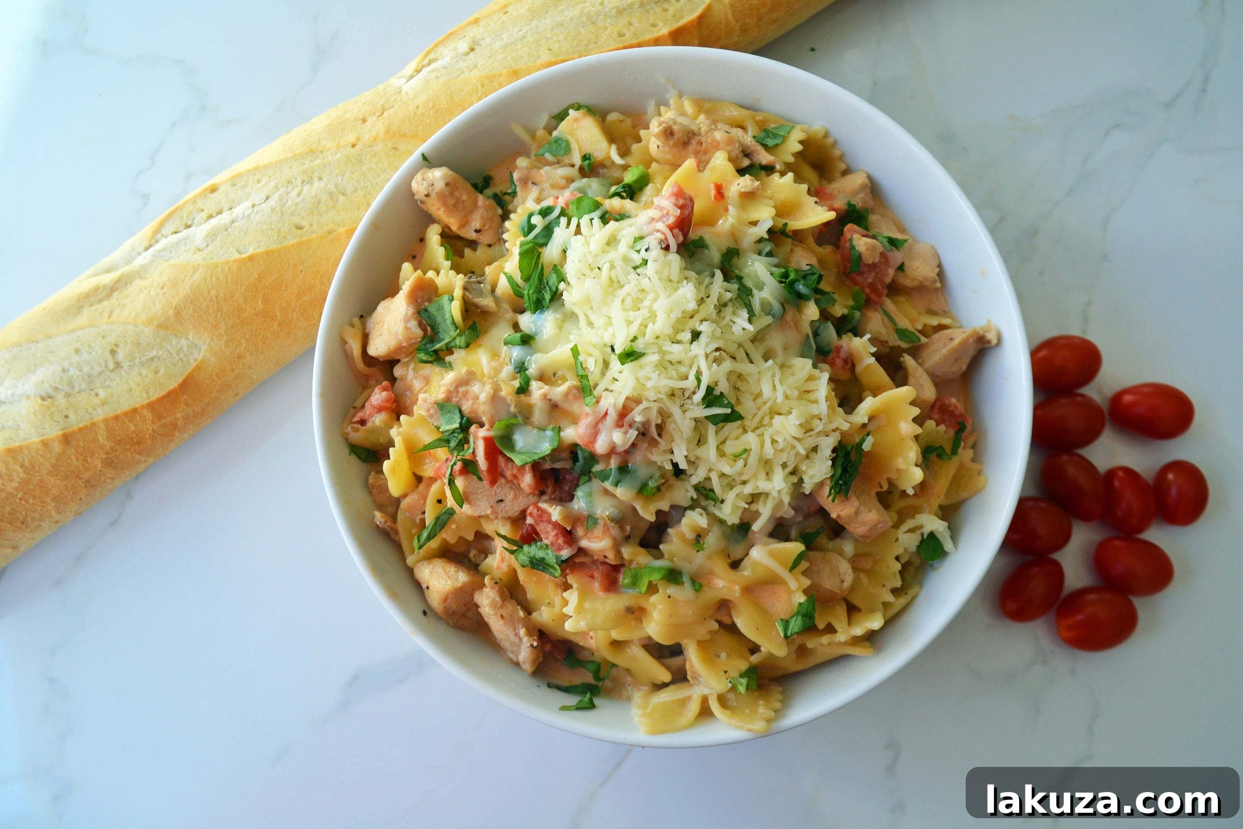 Close-up of Creamy Chicken Bowtie Pasta with Sauteed Chicken, Artichokes, Roasted Tomatoes, Heavy Cream, Fresh Basil, and Parmesan Cheese.