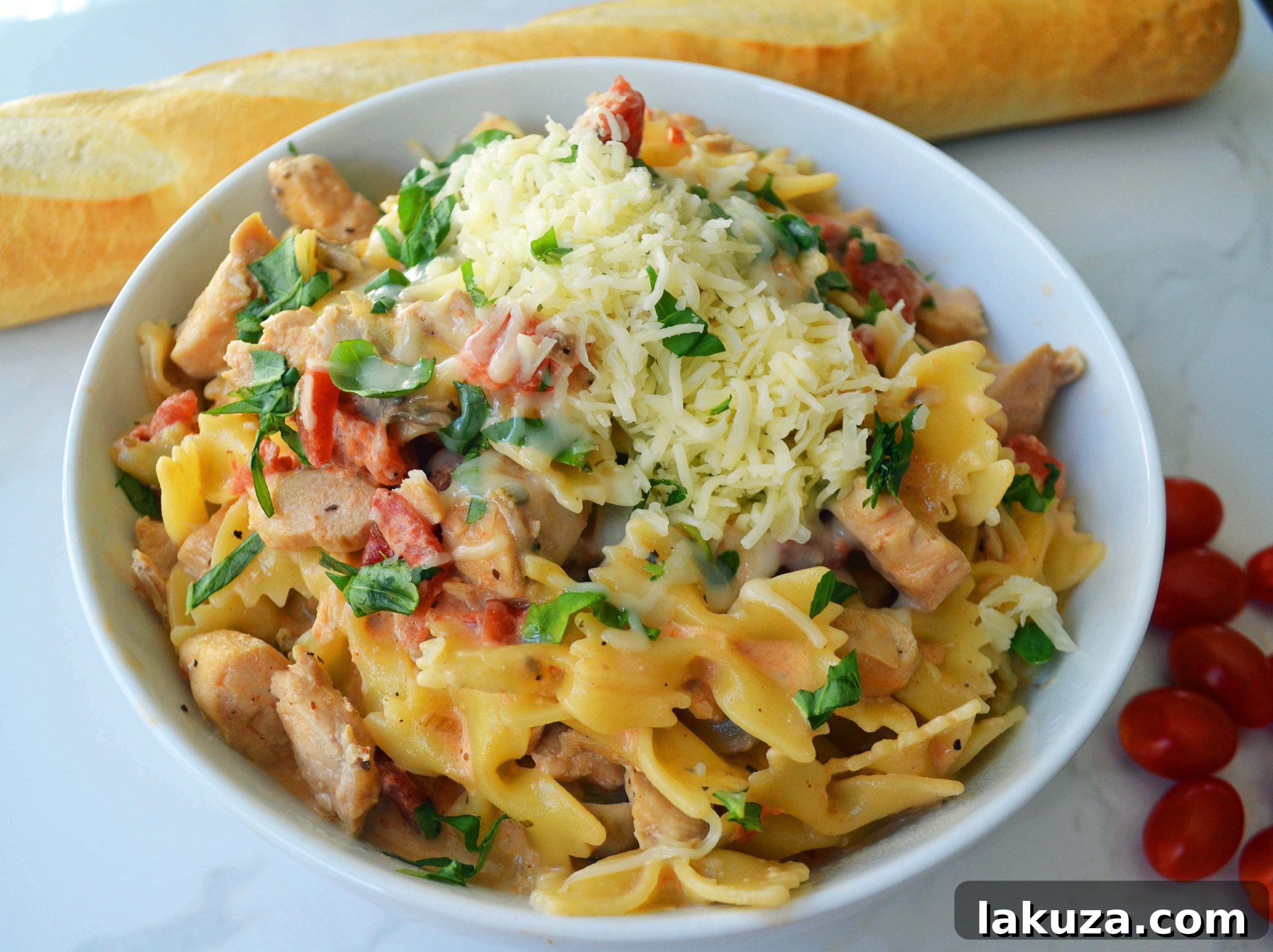 Delicious Chicken Bowtie Pasta dish with creamy tomato sauce, fresh basil, and Parmesan cheese.