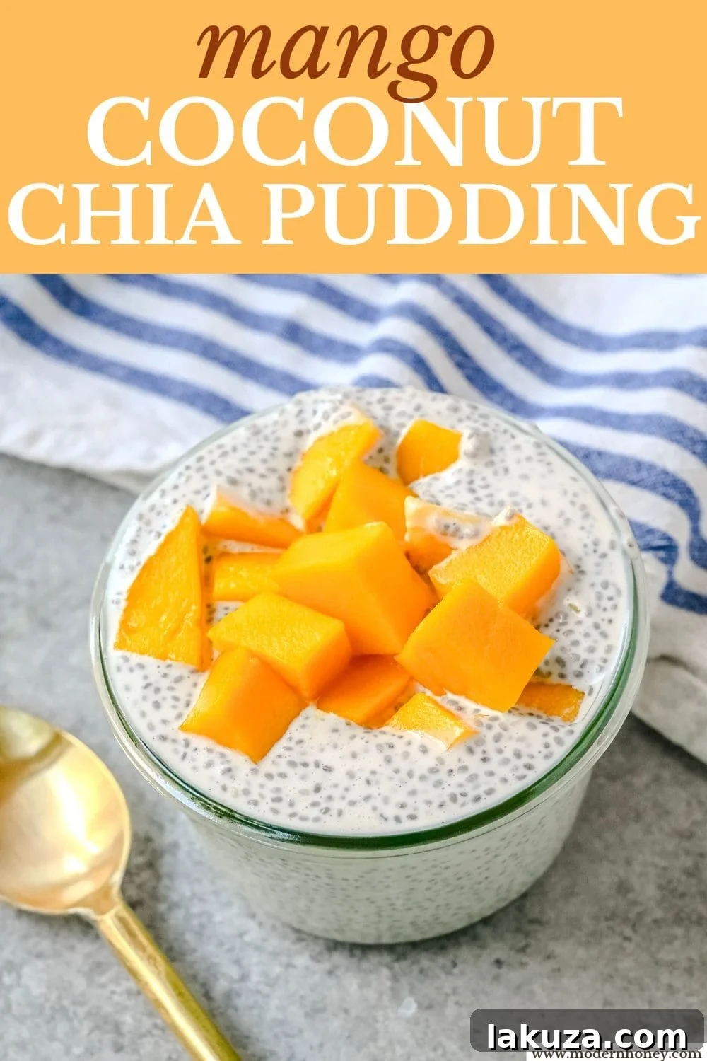 A beautifully presented serving of Mango Coconut Chia Pudding, perfect as a healthy, dairy-free, gluten-free, and refined sugar-free snack or dessert. Made with fiber-rich chia seeds, creamy coconut milk, maple syrup, and fresh mango.