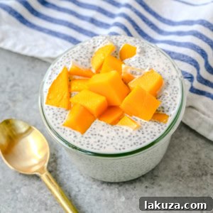 Mango Coconut Chia Pudding is a dairy-free, gluten-free, refined sugar-free, healthy dessert made with fiber rich chia seeds, rich coconut milk, real maple syrup, coconut and fresh mango. This mango chia seed pudding is a high-fiber, plant-based treat that is perfect for meal prep, clean eating, or a healthy snack.