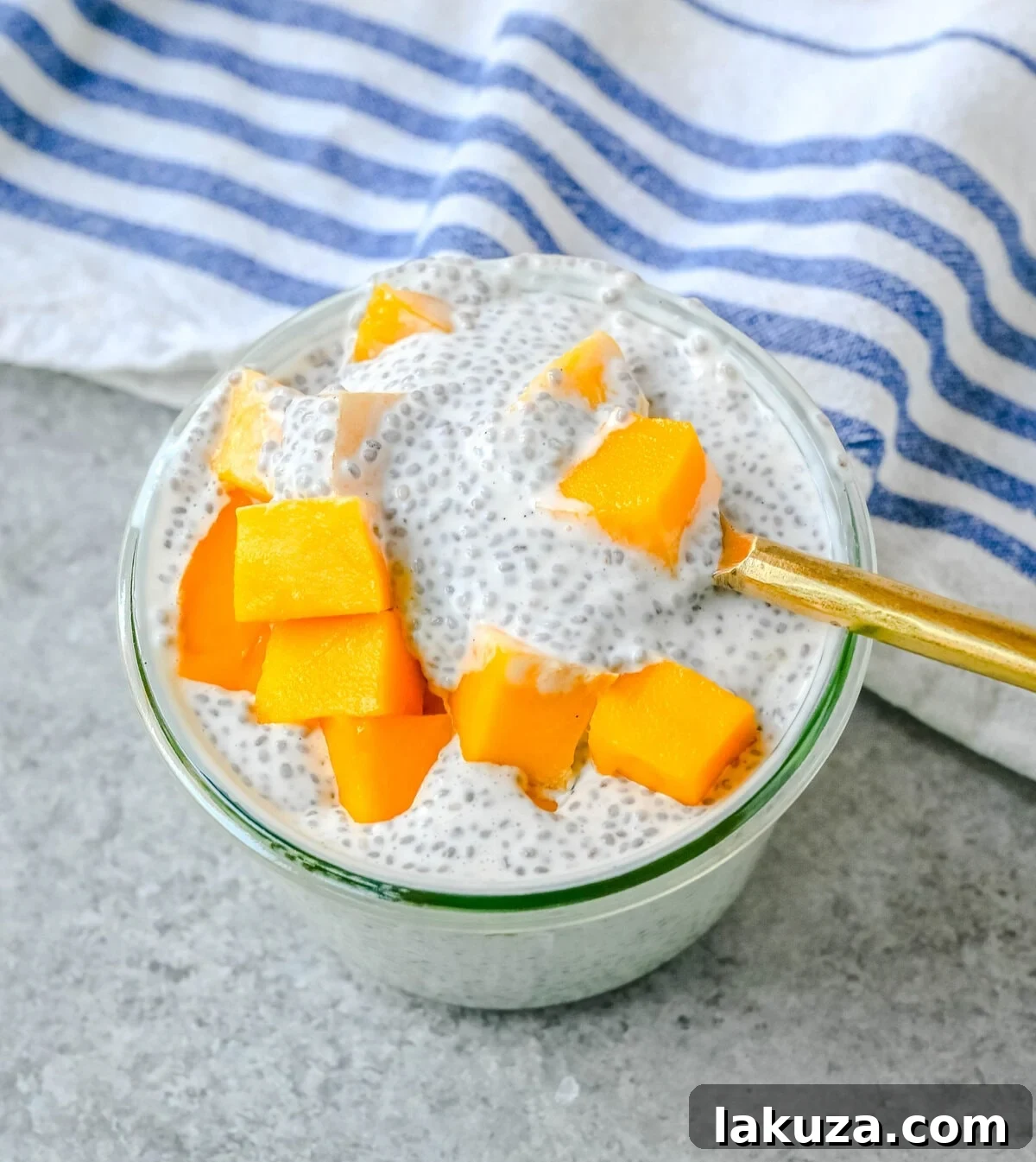 Close-up of Mango Coconut Chia Pudding, highlighting the creamy texture, chia seeds, and fresh mango chunks. A healthy, dairy-free, gluten-free, and refined sugar-free plant-based treat.