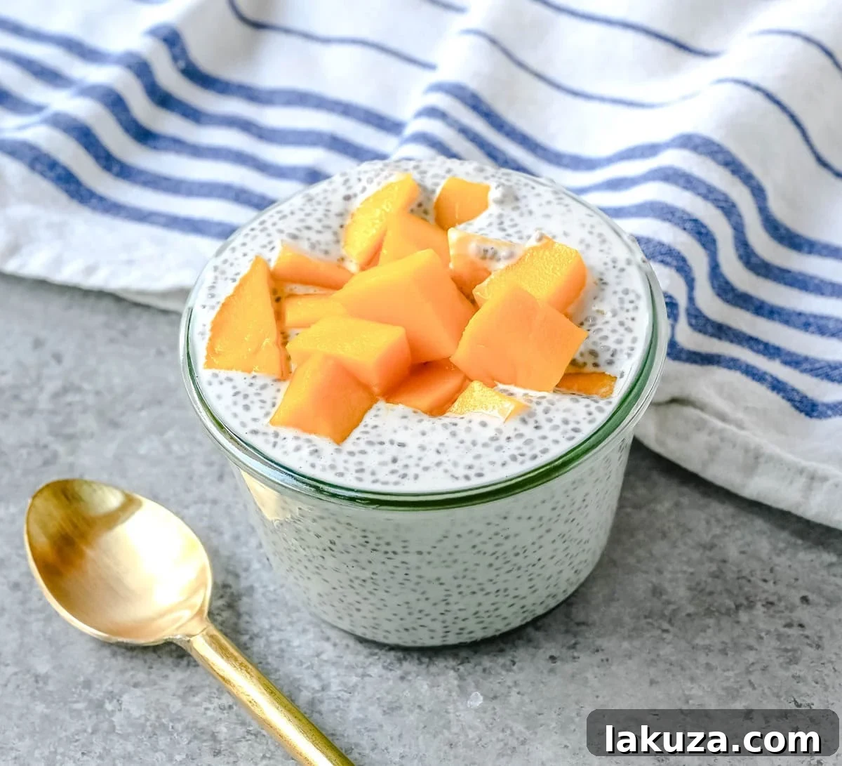 A bowl of Mango Coconut Chia Pudding topped with fresh mango chunks and unsweetened coconut flakes, showcasing its healthy and tropical appeal.
