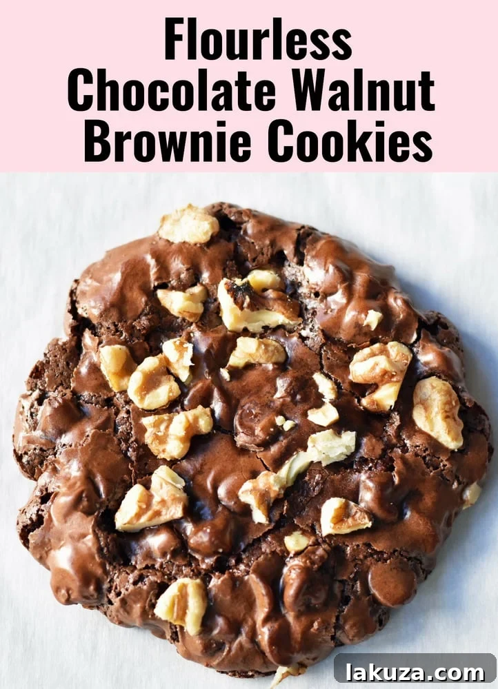 Fudgy Chocolate Delights 6 Flourless Chocolate Brownie Gluten Free Cookies with simple ingredients: powdered sugar, egg whites, cocoa, chocolate, and walnuts.