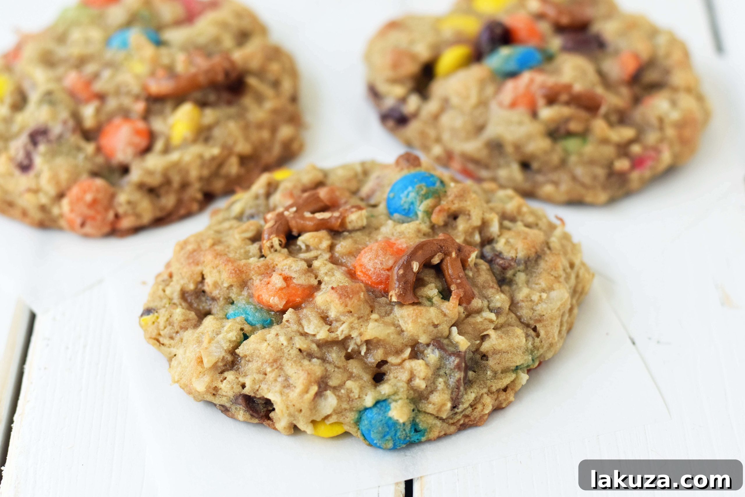 Close-up of a warm Overachiever Oatmeal Pretzel M&M Cookie, showcasing its chewy texture, visible oats, crunchy pretzels, and colorful M&M candies.