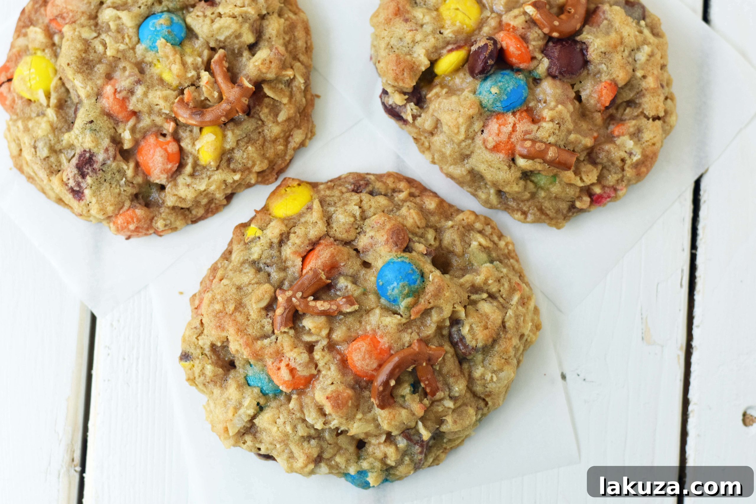 A stack of golden-brown Overachiever Oatmeal Pretzel M&M Cookies, highlighting their rich texture and varied inclusions, ideal for any sweet and salty craving.