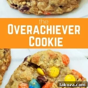 The Overachiever Oatmeal Pretzel M & M Cookie made with a sweet oatmeal cookie dough with oatmeal, shredded coconut, pretzels and M & M's. This Overachiever Cookie is the perfect balance of sweet and salty. www.modernhoney.com