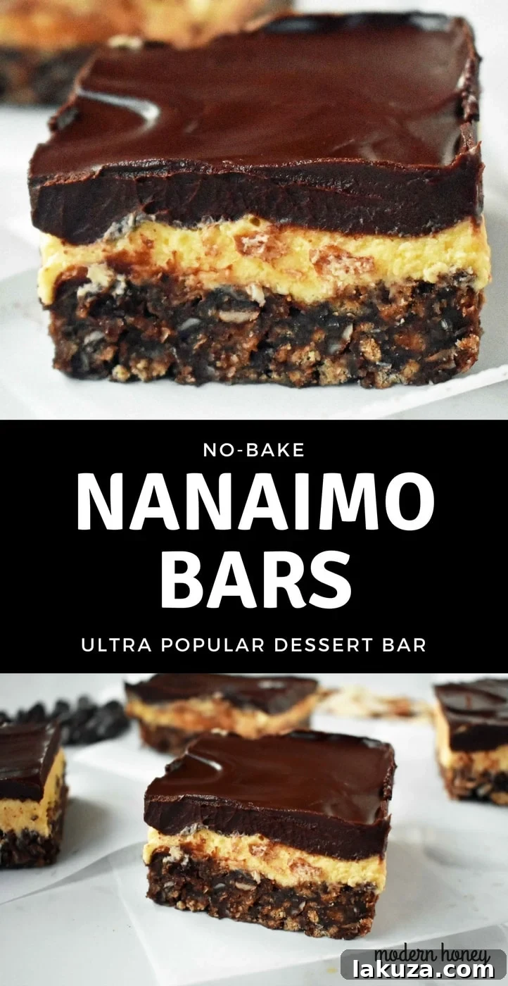No-Bake Nanaimo Bars. A popular Canadian dessert bar made with a chocolate coconut graham cracker crust, creamy custard filling, and decadent chocolate layer. A 5 star dessert bar. www.modernhoney.com