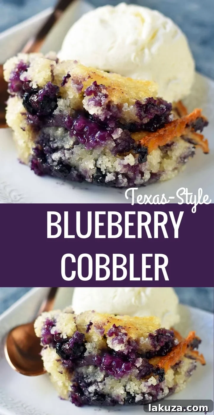 Beautifully baked Texas-Style Blueberry Cobbler, golden brown and ready to serve.