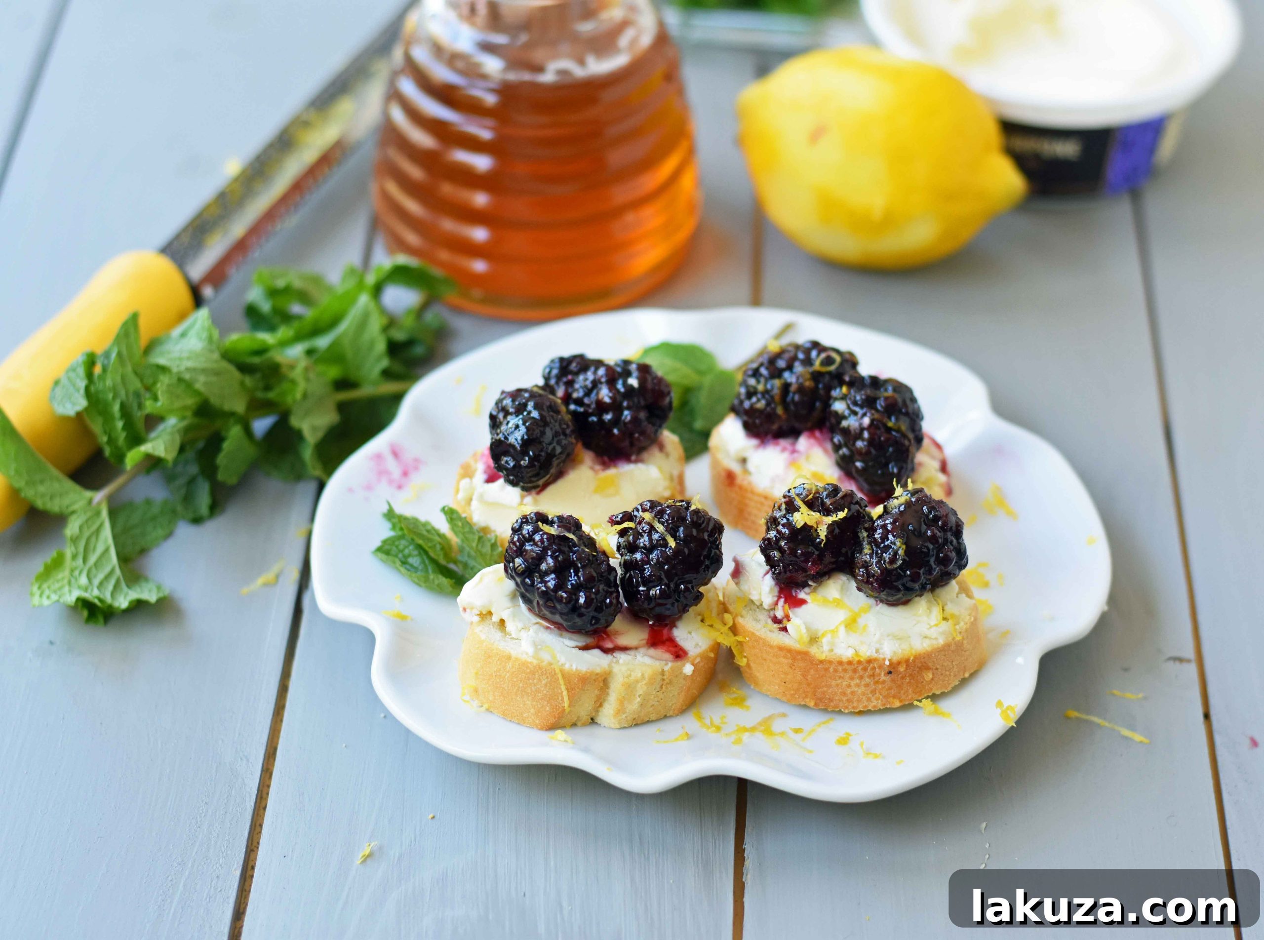 Blackberry and Lemon Mascarpone Crostini. A beautiful appetizer for a bridal shower, baby shower, party, festive holiday party, social gathering or for a dinner at home. A toasted baguette covered in creamy mascarpone cheese and topped with sugar marinated blackberries, fresh lemon zest, and a drizzle of honey. A sophisticated yet delicious appetizer. Get the easy recipe now!