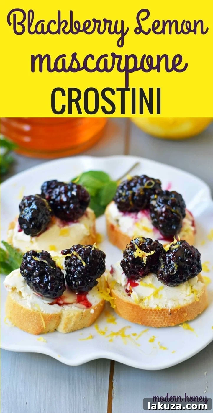 Finished Blackberry and Lemon Mascarpone Crostini. A beautiful appetizer for a bridal shower, baby shower, party, festive holiday party, social gathering or for a dinner at home. A toasted baguette covered in creamy mascarpone cheese and topped with sugar marinated blackberries, fresh lemon zest, and a drizzle of honey. A sophisticated yet delicious appetizer. Share your crostini creations!