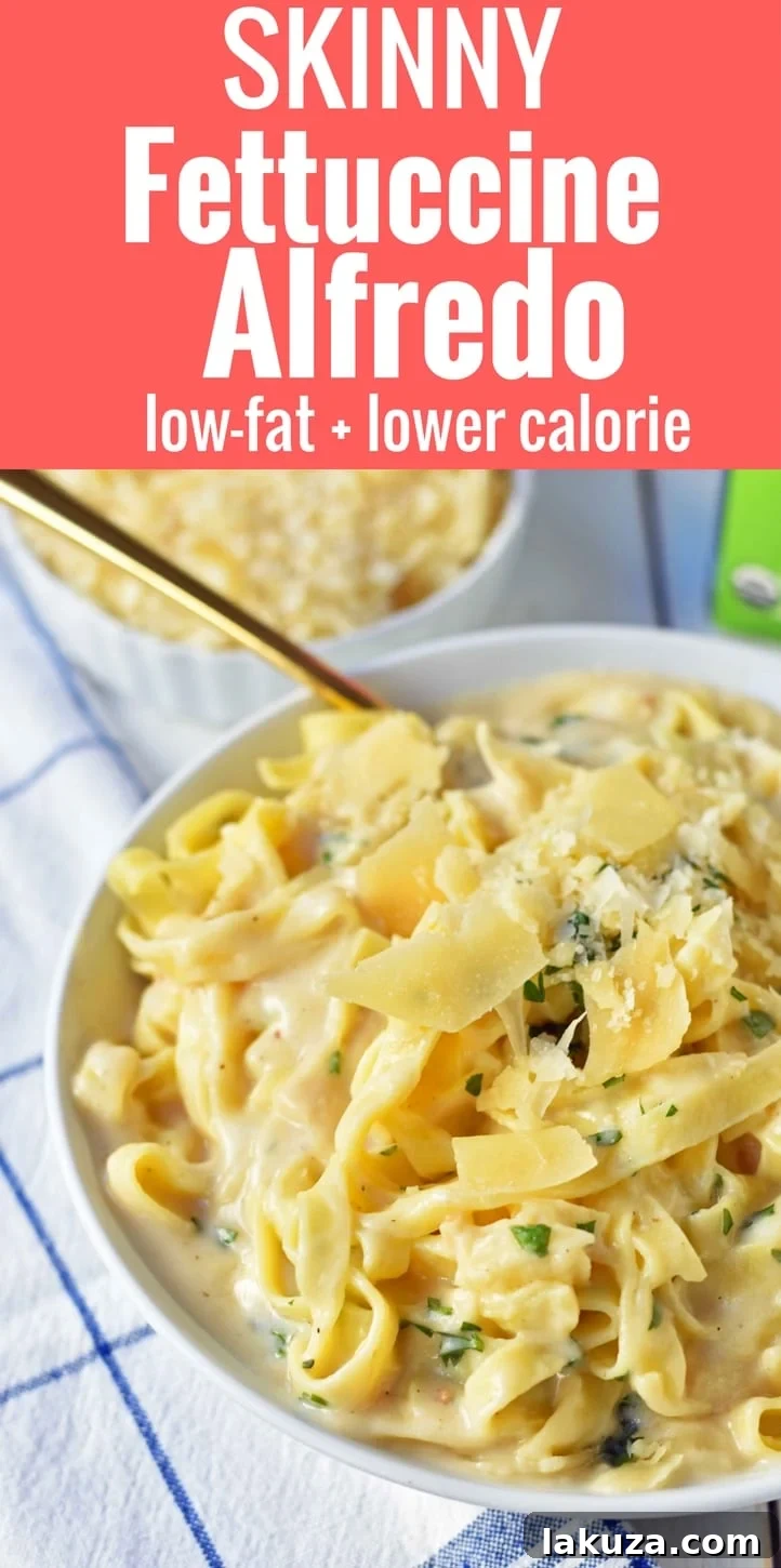 Guiltless Alfredo Indulgence 7 Skinny Fettuccine Alfredo is a low-fat version of America's favorite pasta dish. Rich and creamy fettuccine alfredo without all of the fat. This skinny fettuccine alfredo sauce is made with milk instead of heavy cream and has all of the flavor as the original. A 30-minute healthy meal that kids love. www.modernhoney.com