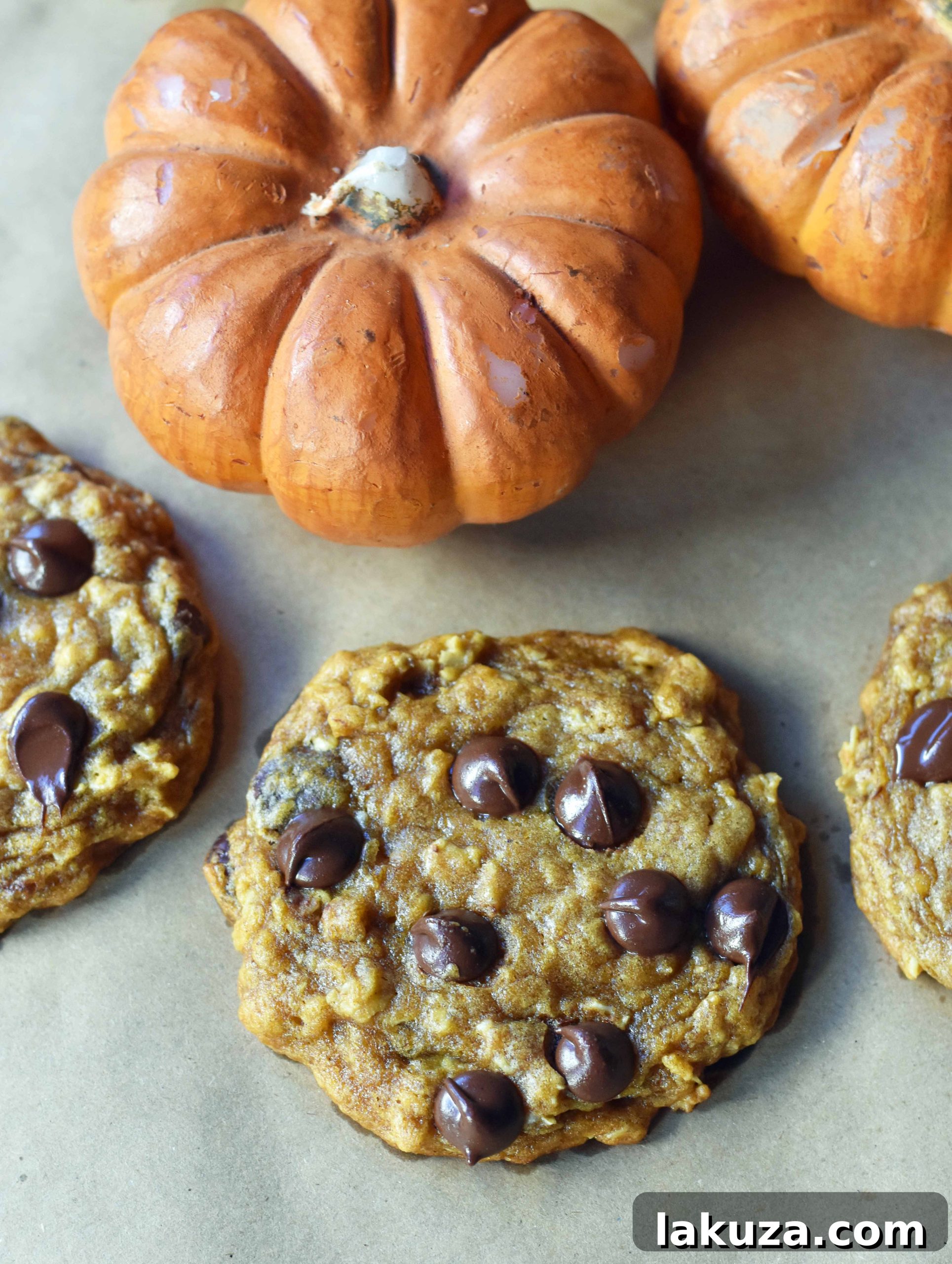 Freshly baked Pumpkin Chocolate Chip Cookies cooling on a rack, showcasing their slightly crinkled tops and soft texture.