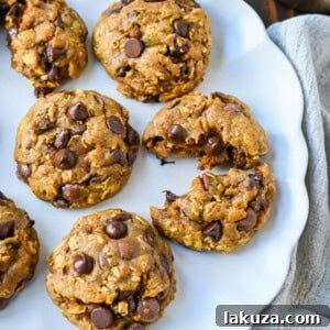 A plate of freshly baked Pumpkin Oatmeal Chocolate Chip Cookies, warm and inviting.