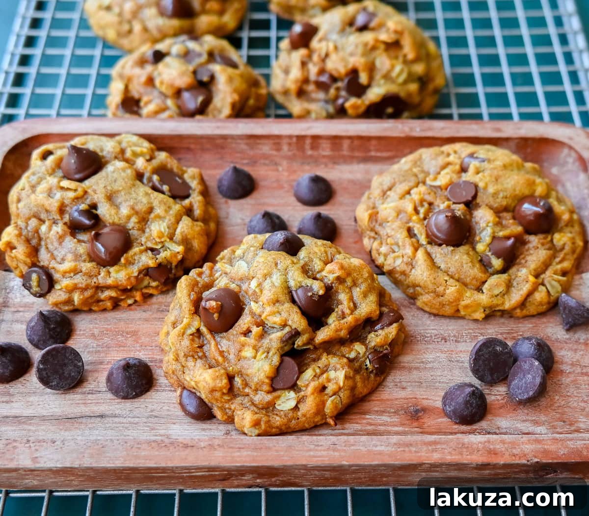 Assorted ingredients for Pumpkin Oatmeal Chocolate Chip Cookies, including pumpkin puree, oats, flour, and chocolate chips, laid out on a wooden surface.