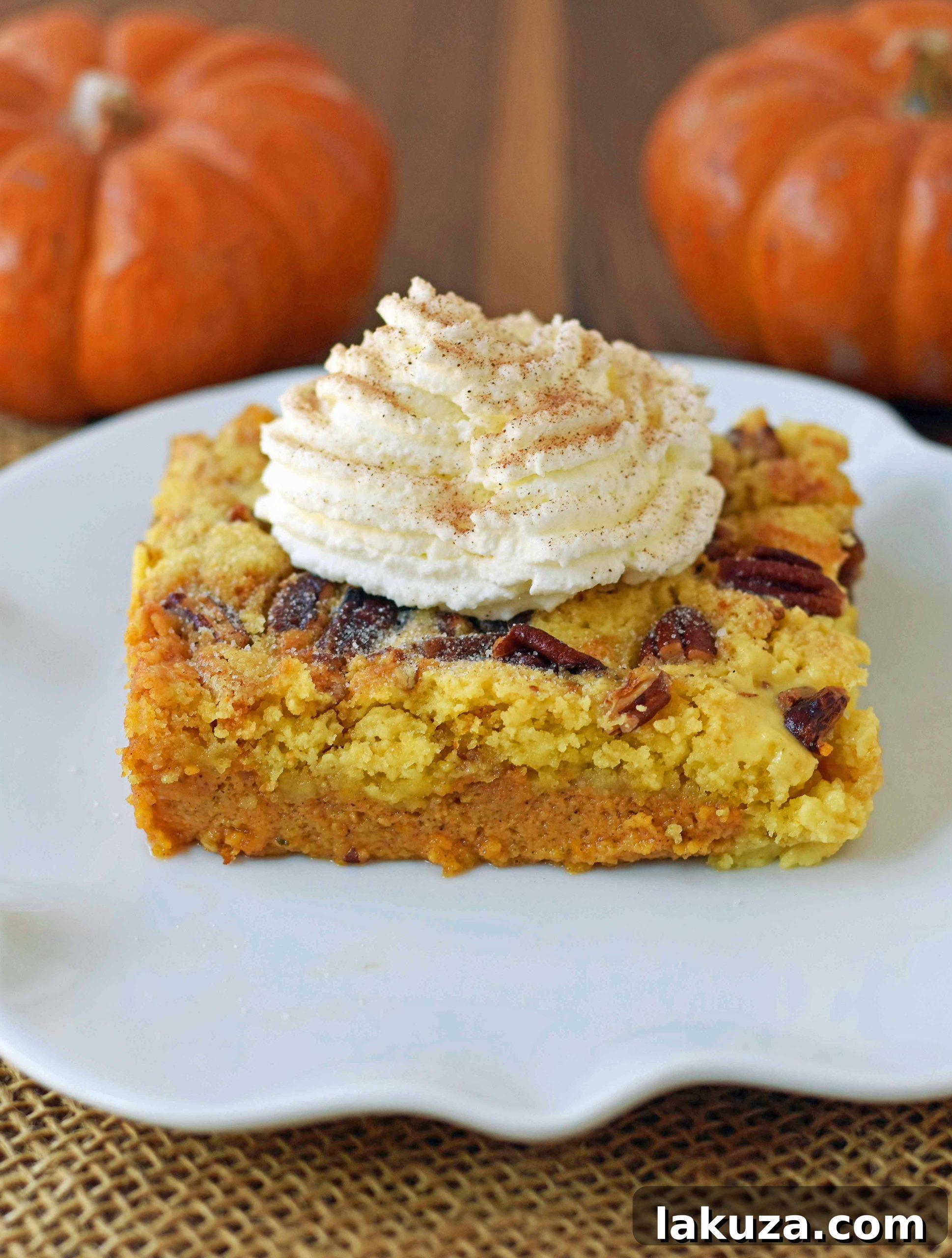 Delightful Pumpkin Praline Butter Dump Cake: A creamy pumpkin custard base topped with a buttery, crunchy cake and pecan praline streusel, perfect for any Fall gathering. Modernhoney.com