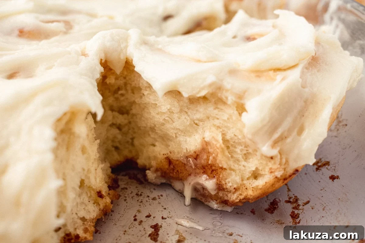 Heavenly Homemade Cinnamon Buns 4 A single, perfectly baked Hayley's Famous Cinnamon Roll, with its spiraled cinnamon and brown sugar filling visible, resting on a white plate, anticipating its creamy frosting.