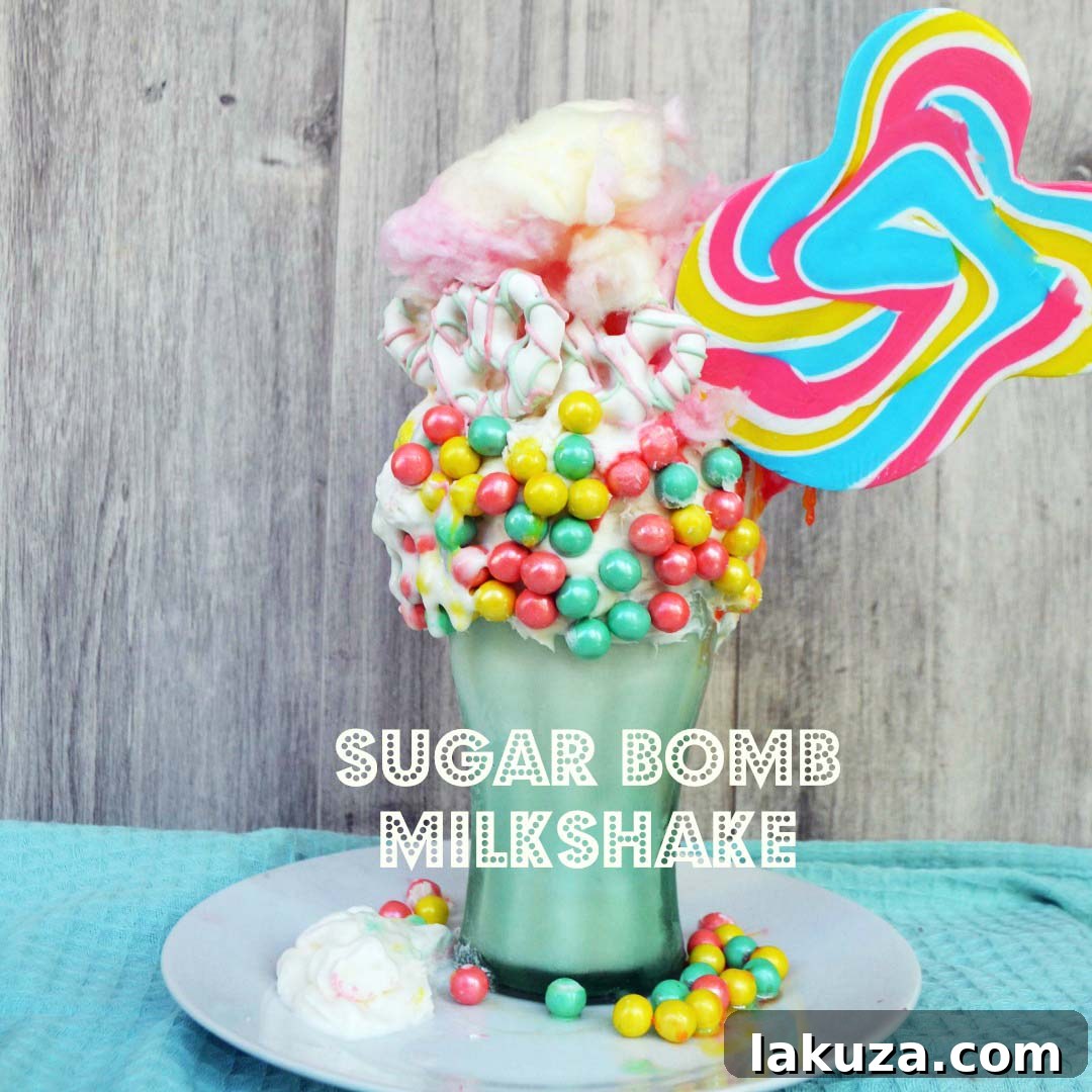 Recreate Black Tap's Jaw-Dropping Milkshakes 2 The Sugar Bomb Milkshake: A vibrant Black Tap copycat with vanilla ice cream, pastel Sixlet pearls, fluffy cotton candy, white chocolate covered pretzels, a colorful candy sucker, and a generous swirl of whipped cream.