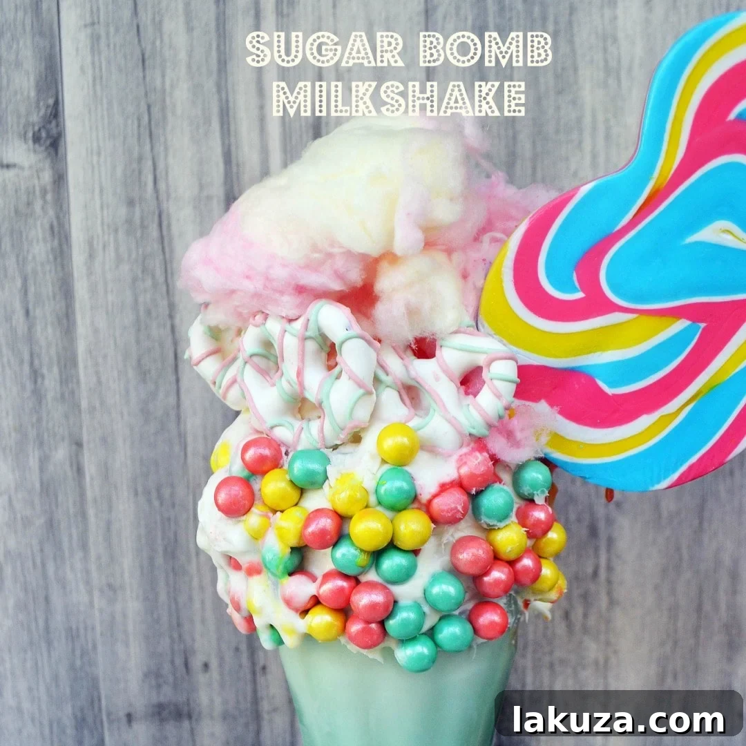 Recreate Black Tap's Jaw-Dropping Milkshakes 10 The Cotton Candy Sugar Bomb Milkshake, a Black Tap copycat recipe by Modern Honey. This vibrant creation features vanilla ice cream, fluffy cotton candy, colorful Sixlet candy pearls, a cheerful lollipop, white chocolate covered pretzels, and a generous topping of whipped cream.