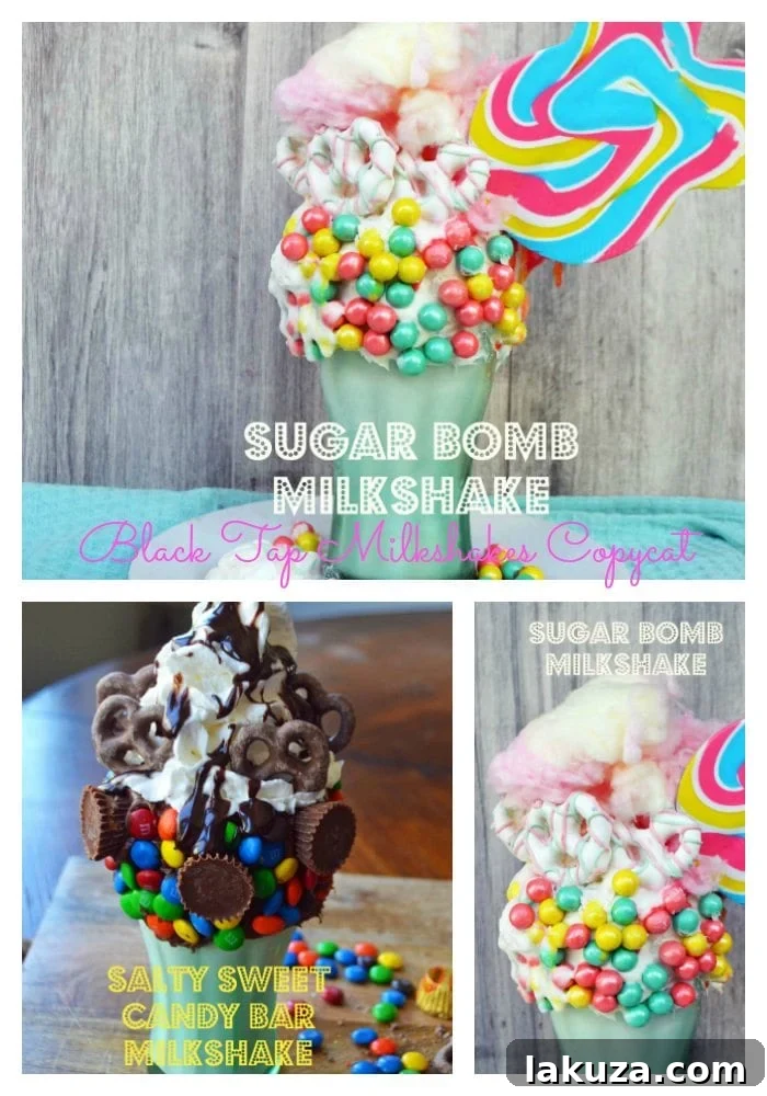Recreate Black Tap's Jaw-Dropping Milkshakes 12 A stunning side-by-side display of two Black Tap Milkshake copycat recipes by Modern Honey: The Sugar Bomb Milkshake (vanilla ice cream, cotton candy, Sixlet pearls, lollipop, white chocolate pretzels, whipped cream) and The Salty Sweet Candy Bar Milkshake (chocolate ice cream, M&M's, peanut butter cups, chocolate covered pretzels, hot fudge, caramels/Twix, whipped cream). These are truly heavenly desserts!