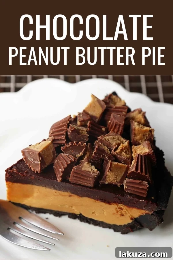A stunning vertical shot of the Reese's Chocolate Peanut Butter Cup Pie, highlighting its layers and generous topping.