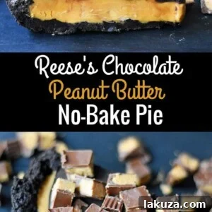 Reese's Chocolate Peanut Butter Cup Pie with OREO cookie crust, creamy peanut butter filling, chocolate ganache, and topped with Reese's Peanut Butter Cups. A no-bake favorite dessert.