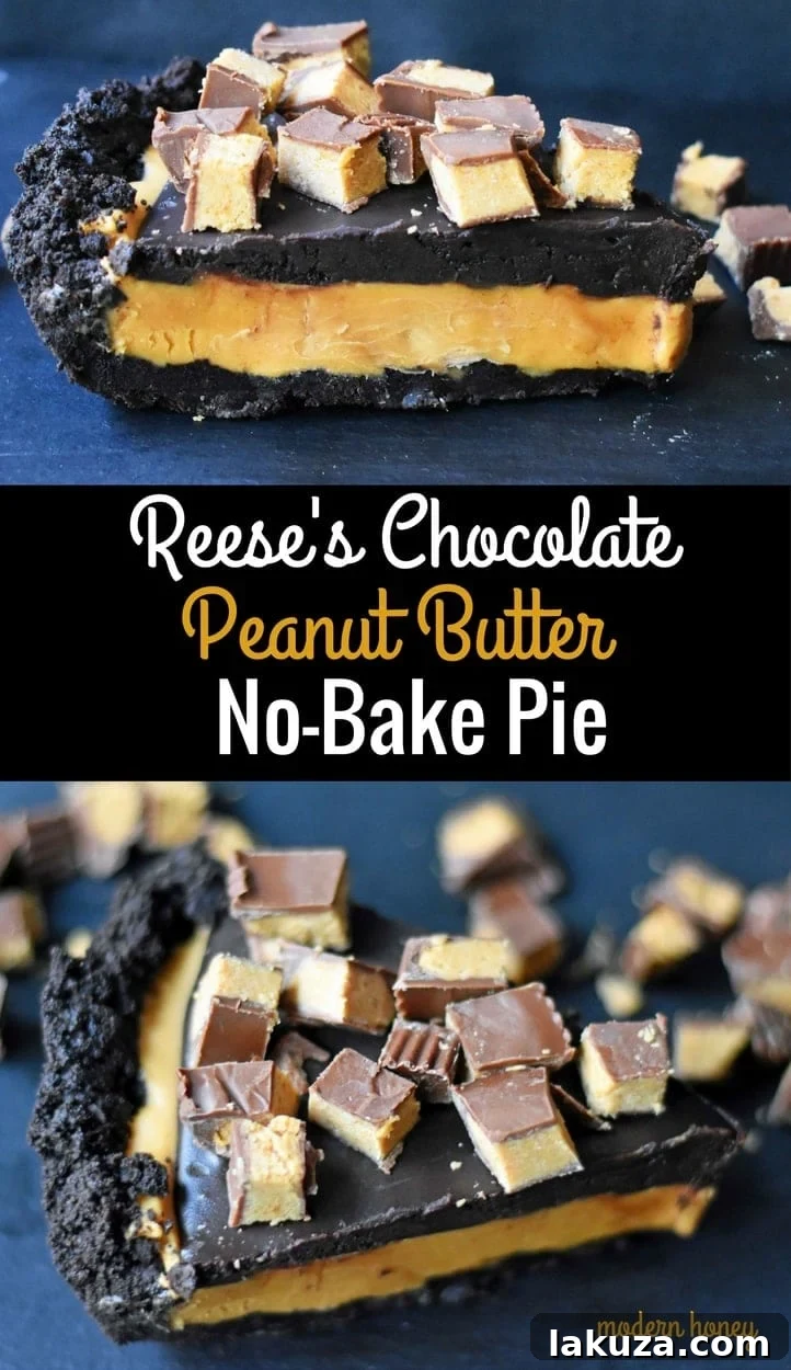 A stunning close-up of a prepared Reese's Chocolate Peanut Butter Cup Pie slice, showing the smooth layers and decadent topping.