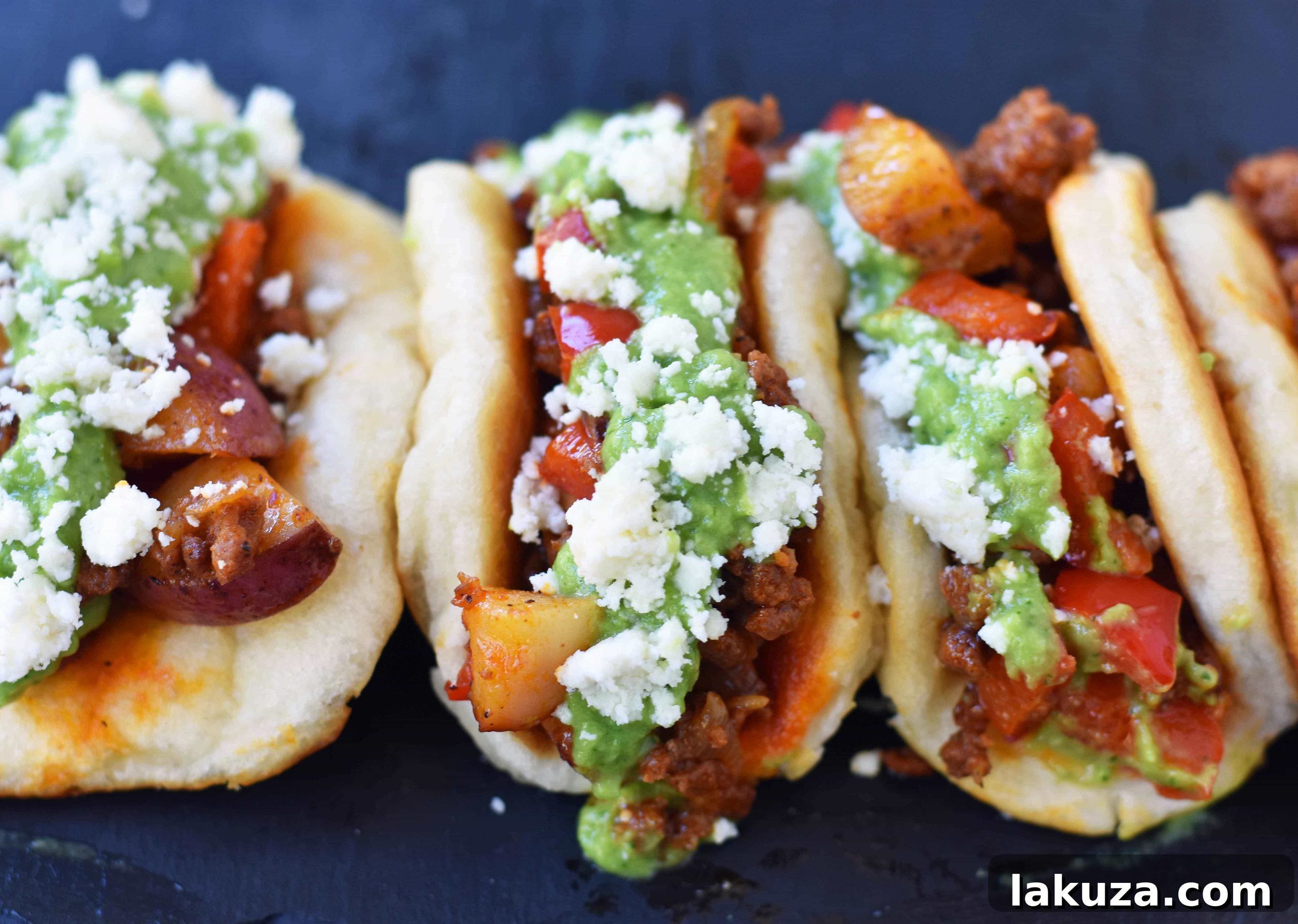 A close-up of the delicious Chorizo Potato Puffy Tacos, a Pillsbury Bake-Off creation by Melissa Stadler, featuring spicy chorizo, seasoned potatoes, avocado tomatillo crema, and cotija cheese.