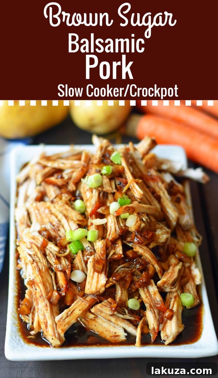 Brown Sugar Balsamic Pork. Tender lean pork loin slow cooked in a brown sugar garlic balsamic glaze. An easy flavorful meal made in a slow cooker or instant pot.