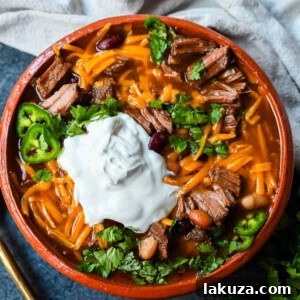 MJ's Award-Winning Beef Chili with tender beef and beans.